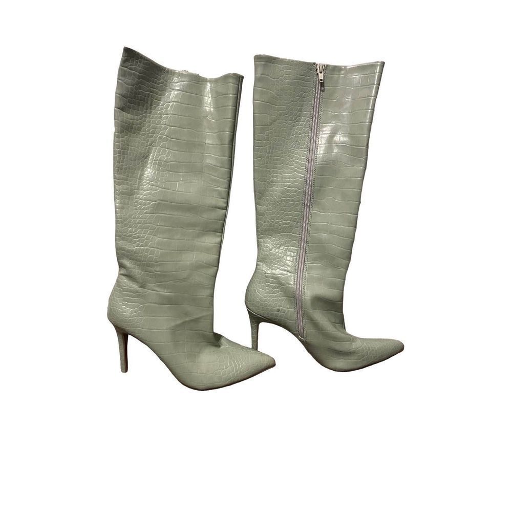 ASOS Croc-Embossed Heeled Boots in Light Gray